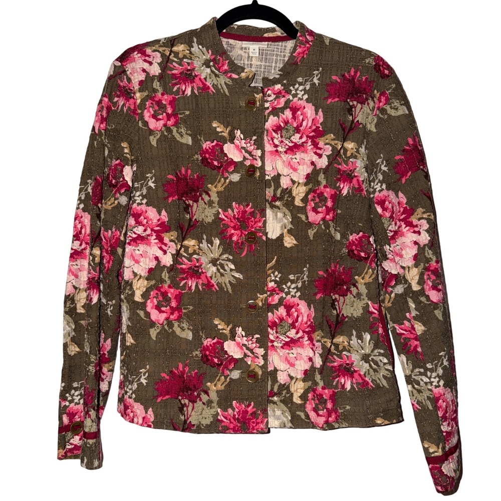 J. Jill Quilted Floral‎ Button Front Jacket Olive Pink Green Medium